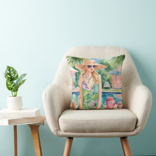 Waterverf Preppy Palm Beach Meisje bij het zwembad Kussen