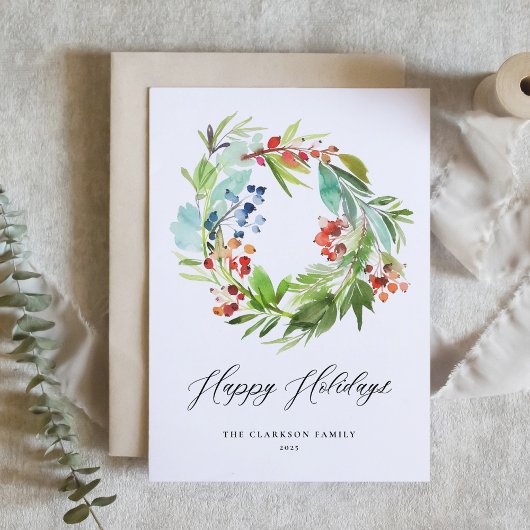 Waterverf Prettige feestdagen Juniper en Holly Wre Kaart