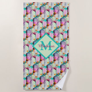 Waterverf Prickly Pear Cactus Flowers Monogram Strandlaken