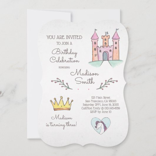 Waterverf Prinses Unicorn Birthday Uitnodiging (Voorkant)