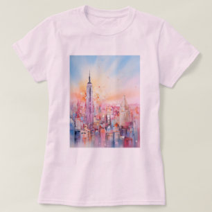 Waterverf Print, New York City, Blauw Roze T-shirt
