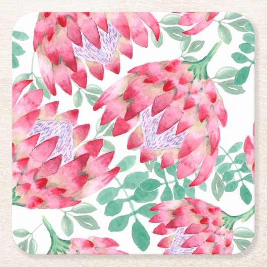 Waterverf Protea Vierkante Kartonnen Onderzetter (Voorkant)