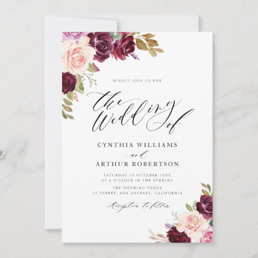 Waterverf pruimen paarse bruiloft kaart (Voorkant)