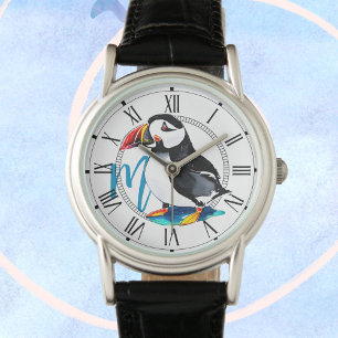 Waterverf Puffin Bird + Monogram in het wild leven Horloge