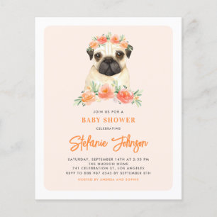 Waterverf Pug Peach Floral Baby shower Uitnodiging