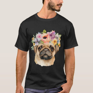 Waterverf Pugs hond met bloemenkrans T-shirt