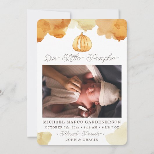 Waterverf Pumpkin Baby Aankondiging (Voorkant)