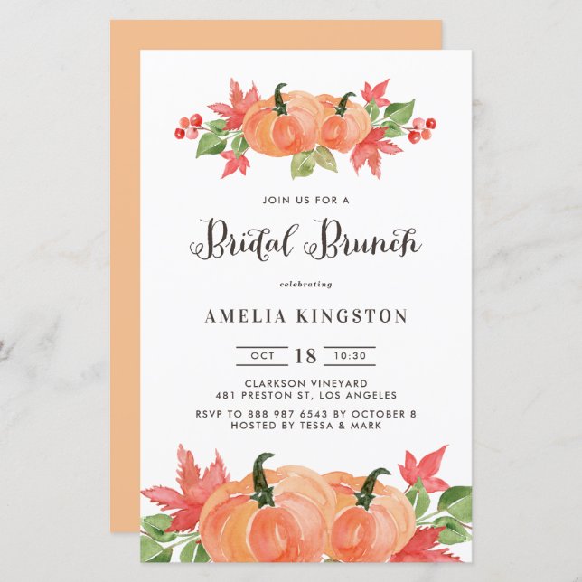 Waterverf Pumpkin Herfst Bridal Brunch Invitatie (Voorkant / Achterkant)