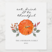 Waterverf Pumpkin Thanksgiving Wijnlabel Wijn Etiket (Enkel label)