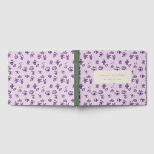 Waterverf Purple Flowers en Green Spine Script Gastenboek (Volledig)