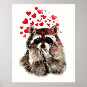 Waterverf Raccoon Bblazen Kisses Fun Animal art Poster