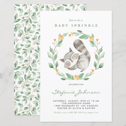 Waterverf Raccoon Greenery Baby Sprinkle Invite (Voorkant / Achterkant)
