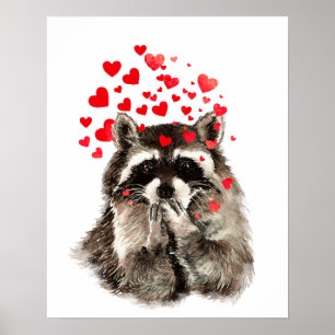 Waterverf Raccoon Kisses Funny Love Hearts Poster
