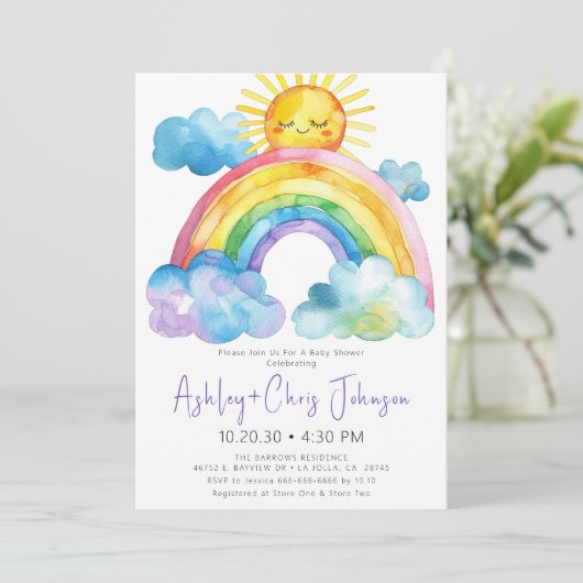 Waterverf Rainbow Baby shower Uitnodiging (Staand voorkant)