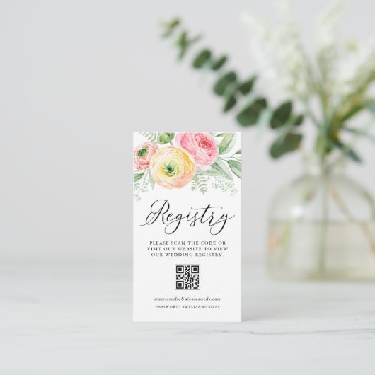 Waterverf Ranunculus Wedding QR Code Registry Informatiekaartje (Staand voorkant)