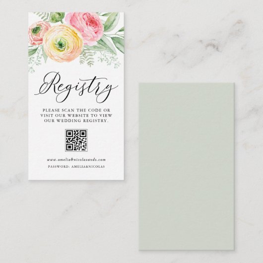Waterverf Ranunculus Wedding QR Code Registry Informatiekaartje (Voorkant / Achterkant)