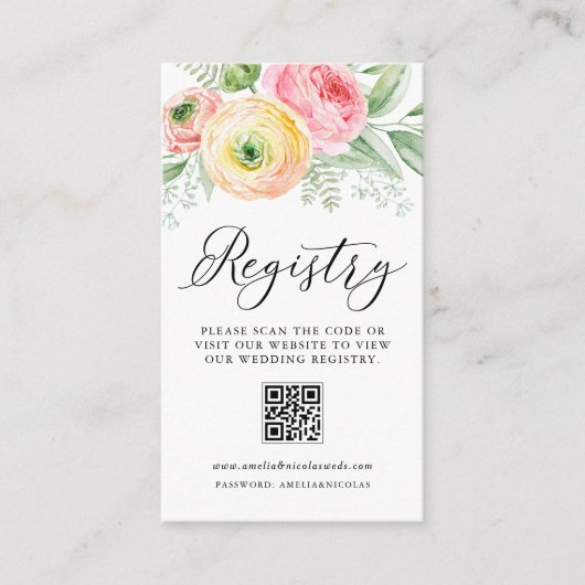 Waterverf Ranunculus Wedding QR Code Registry Informatiekaartje (Voorkant)