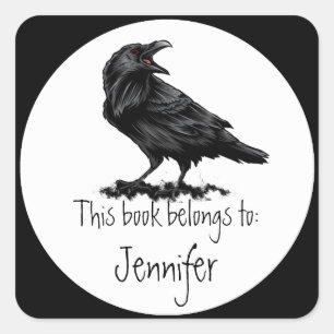 Waterverf Raven Bird Book Bord Vierkante Sticker