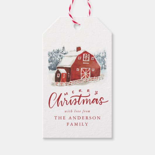 Waterverf Red Barn Winter Scene Holiday Cadeaulabel (Voorkant)