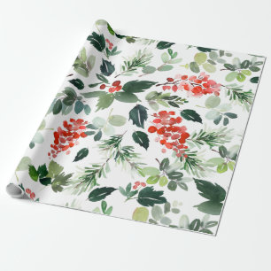 Waterverf Red Berries Greenery kerstfeestdag Cadeaupapier