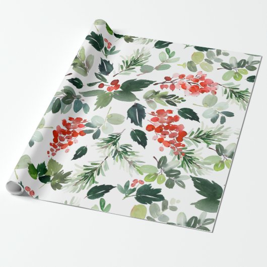 Waterverf Red Berries Greenery kerstfeestdag Cadeaupapier (Uitgerold)