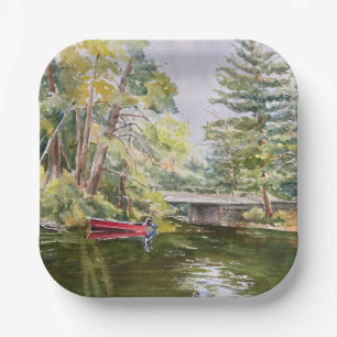 Waterverf Red Boat Mountain Lake Paper Borden Papieren Bordje