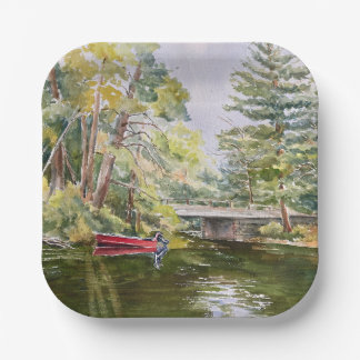 Waterverf Red Boat Mountain Lake Paper Borden Papieren Bordje