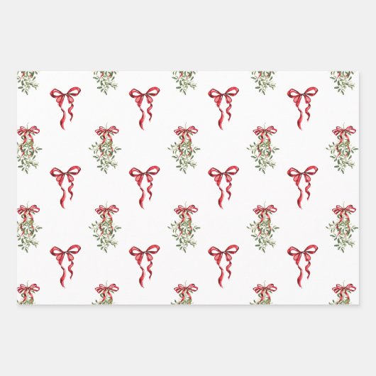 Waterverf Red Bow Mistletoe Christmas Inpakpapier Vel (Voorkant 3)