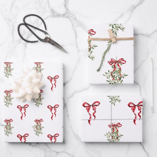 Waterverf Red Bow Mistletoe Christmas Inpakpapier Vel (Voorkant)