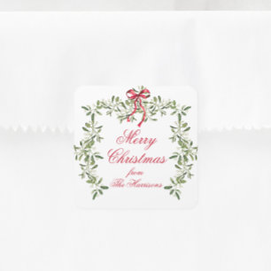 Waterverf Red Bow Mistletoe kerstcadeau Vierkante Sticker