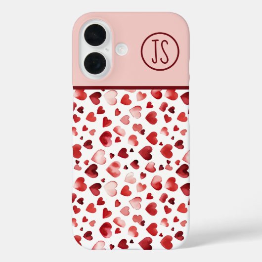 Waterverf Red Hearts Valentijnsdag Monogrammed Case-Mate iPhone Case (Achterkant)