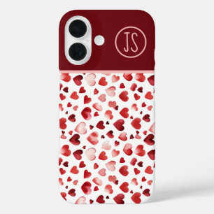 Waterverf Red Hearts Valentijnsdag Monogrammed iPhone 16 Hoesje