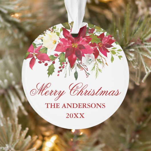 Waterverf Red Poinsettia Floral gepersonaliseerd Ornament (Boom)