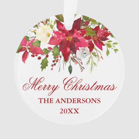 Waterverf Red Poinsettia Floral gepersonaliseerd Ornament (voorkant)