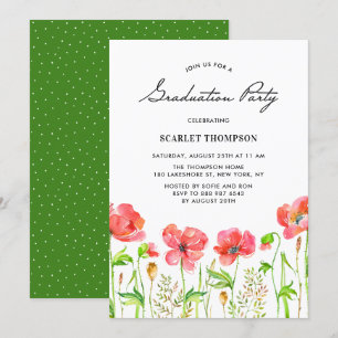 Waterverf Red Poppies Garden Graduation Party II Kaart