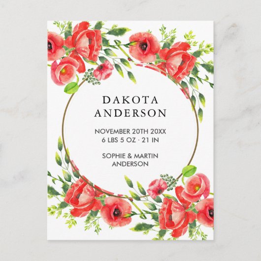 Waterverf Red Poppies Geboorteaankondiging Aankondigingskaart (Voorkant)