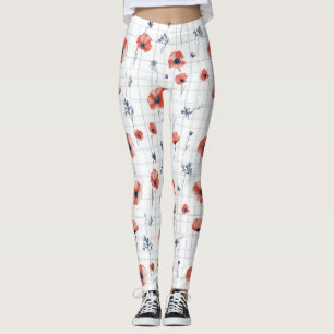 Waterverf Red Poppies Patroon op wit Leggings
