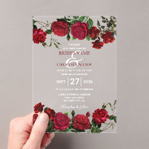 Waterverf Red Roses Clear Transparent Wedding Acryl Uitnodigingen