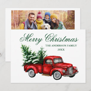 Waterverf  Red Truck Foto terug Kerstmis Feestdagenkaart