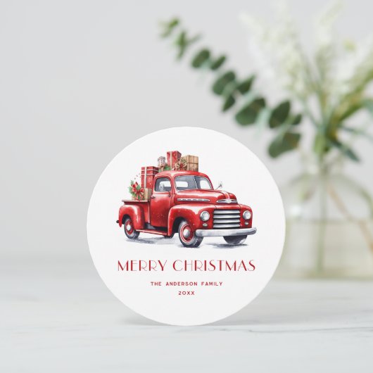 Waterverf Red Truck Gingham met kerstkaarten Feestdagenkaart (Staand voorkant)