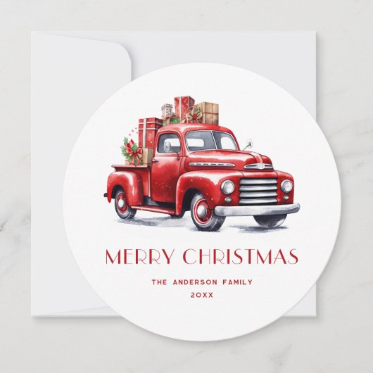 Waterverf Red Truck Gingham met kerstkaarten Feestdagenkaart (Voorkant)