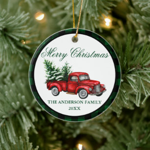 Waterverf  Red Truck Green Pset Kerstmis Keramisch Ornament