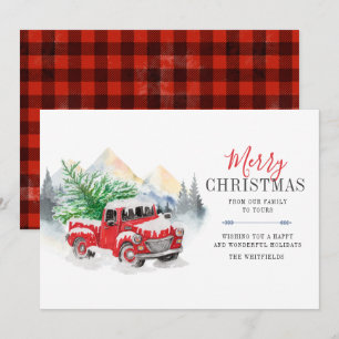 Waterverf Red Truck Merry Kerstmis Lumberjack Feestdagenkaart