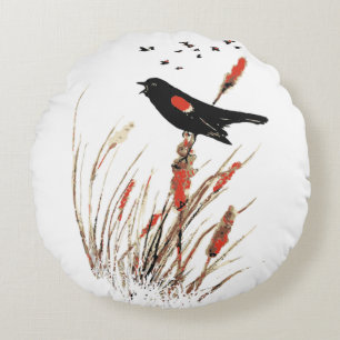 Waterverf Red Wing Blackbird Bird Natuur art Rond Kussen