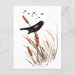Waterverf Red Winged Blackbird Bird Animal Art Feestdagenkaart