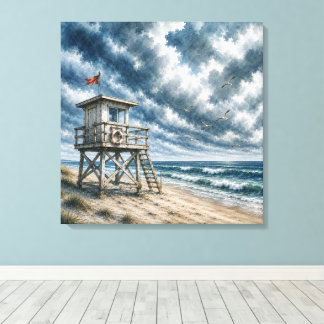 Waterverf reddingstoren op kuststrand canvas afdruk