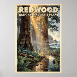 Waterverf Redwood National and State Parks Retro Poster