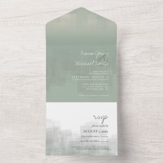 Waterverf Reflections Wedding Sage ID774 All In One Uitnodiging (Binnen)