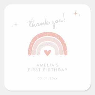 Waterverf Regenboog Boho Roze Eerste Verjaardagsgu Vierkante Sticker