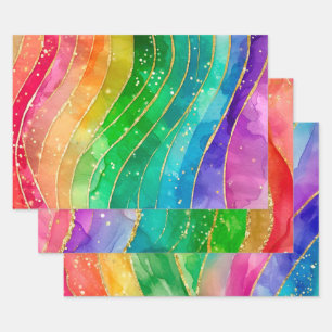 Waterverf Regenboog en Goud Glitter Alcoholinkt Inpakpapier Vel